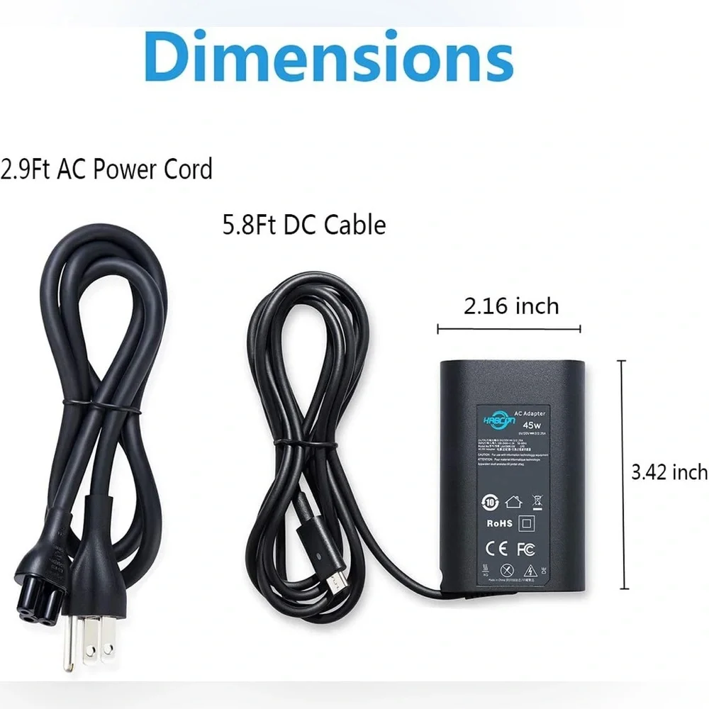 KABCON 45W Charger DELL XPS 11 XPS 12 XPS 13 9360 9370 9333 Inspiron Latitude